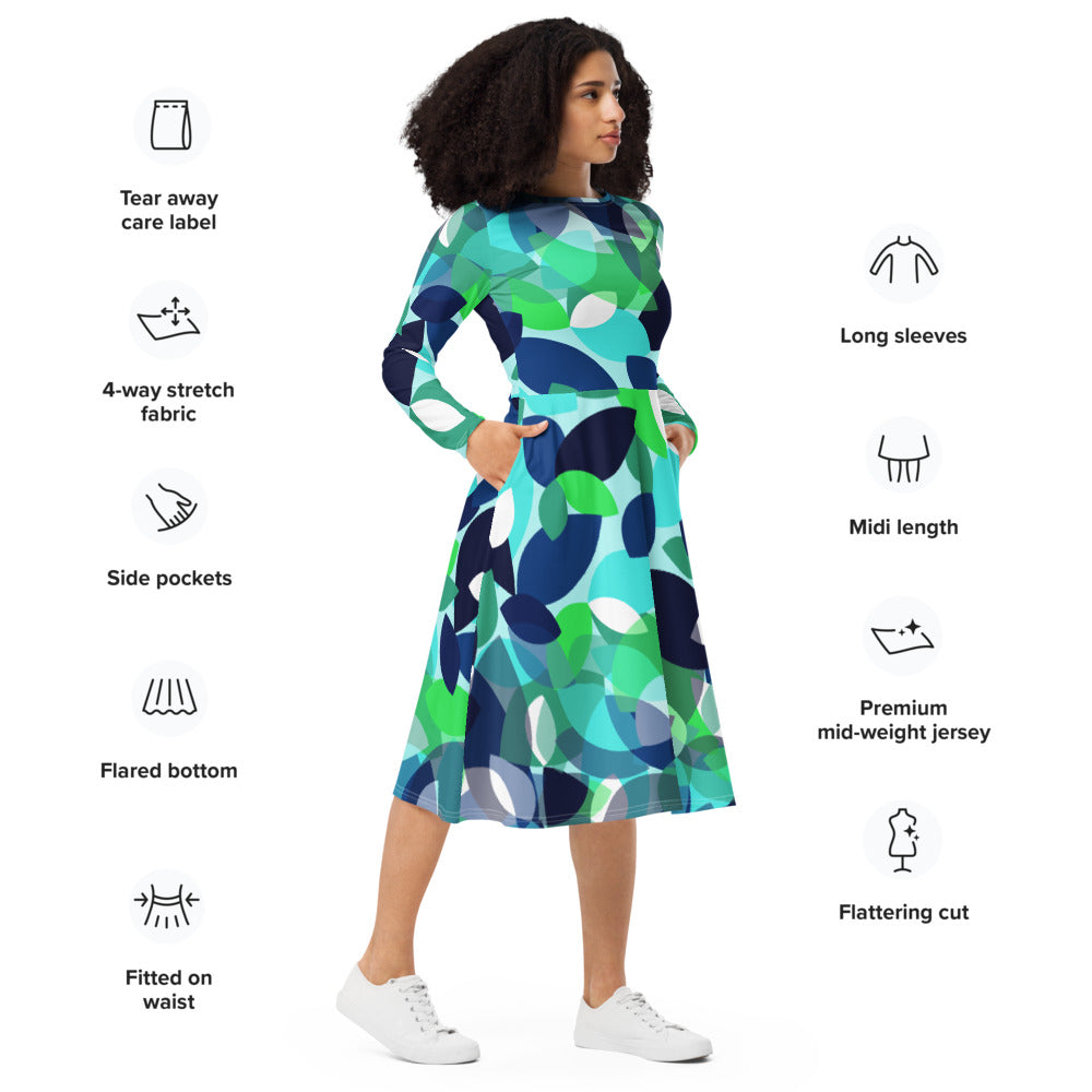 All-over print long sleeve midi dress 338Bkl4