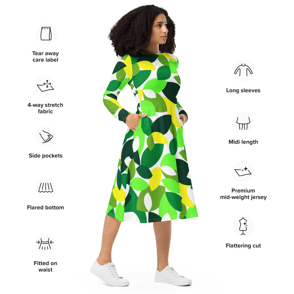 All-over print long sleeve midi dress 338kl1