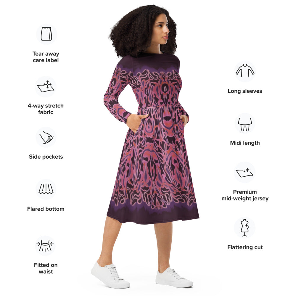 All-over print long sleeve midi dress 339Bkl6
