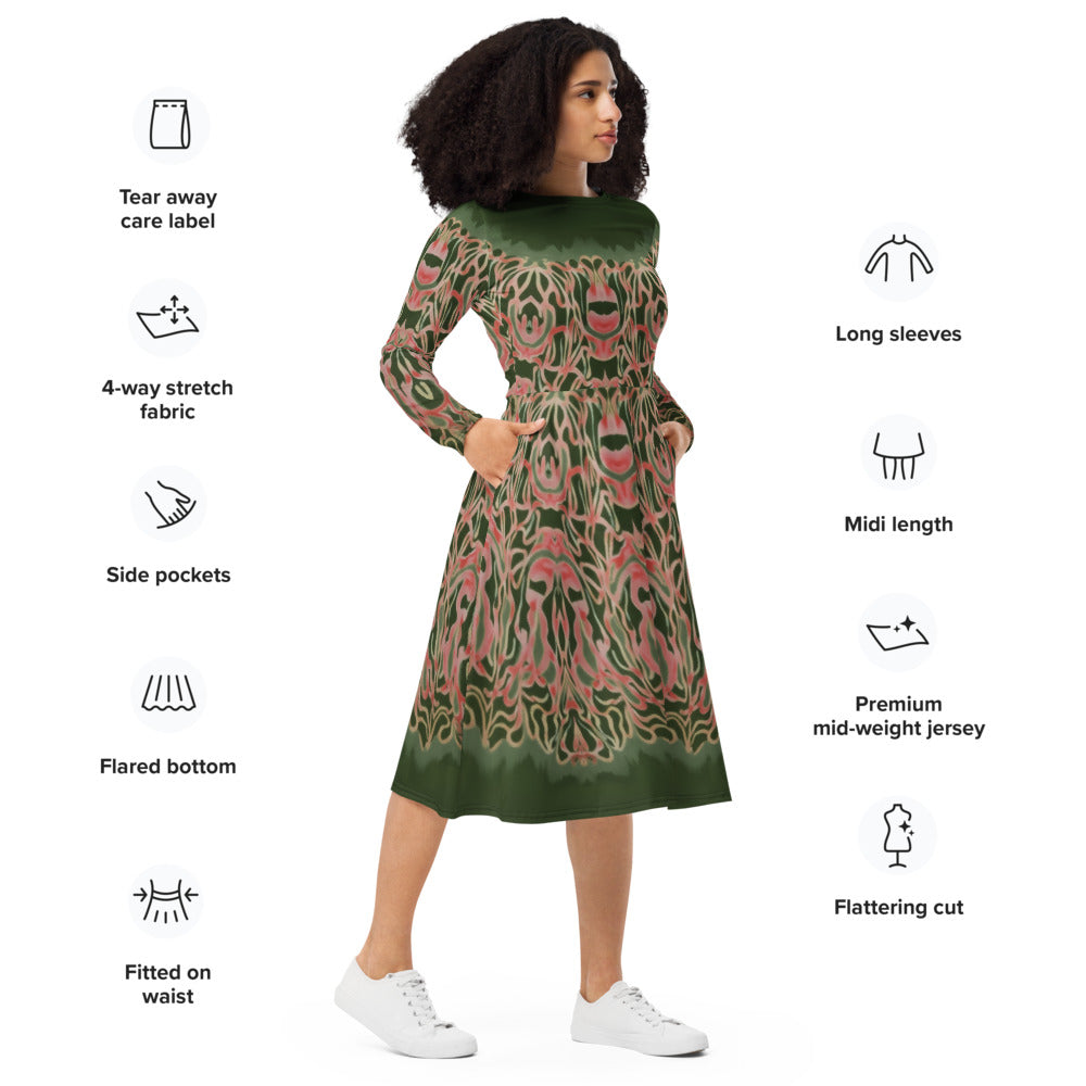 All-over print long sleeve midi dress 339Bkl2
