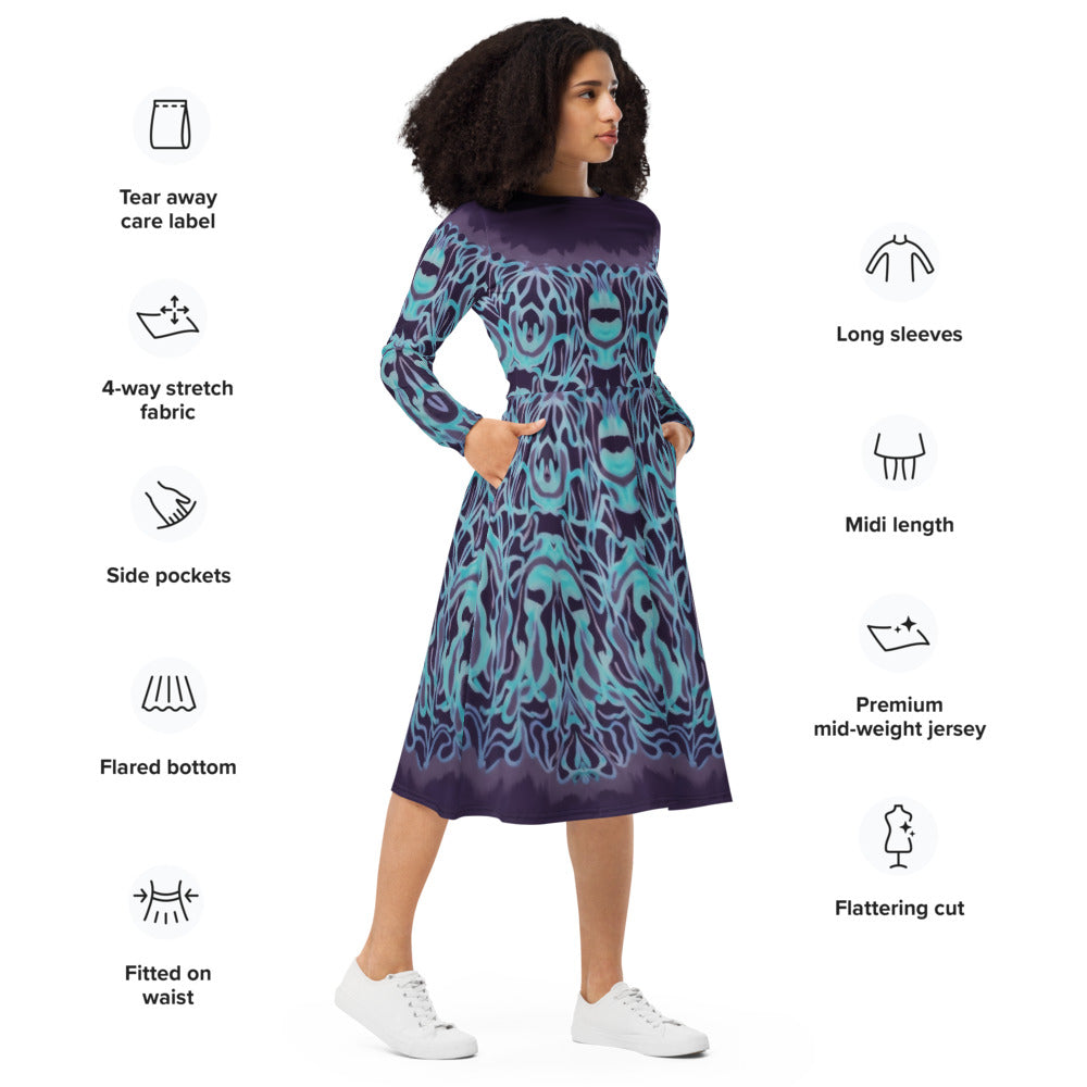 All-over print long sleeve midi dress 339kl1