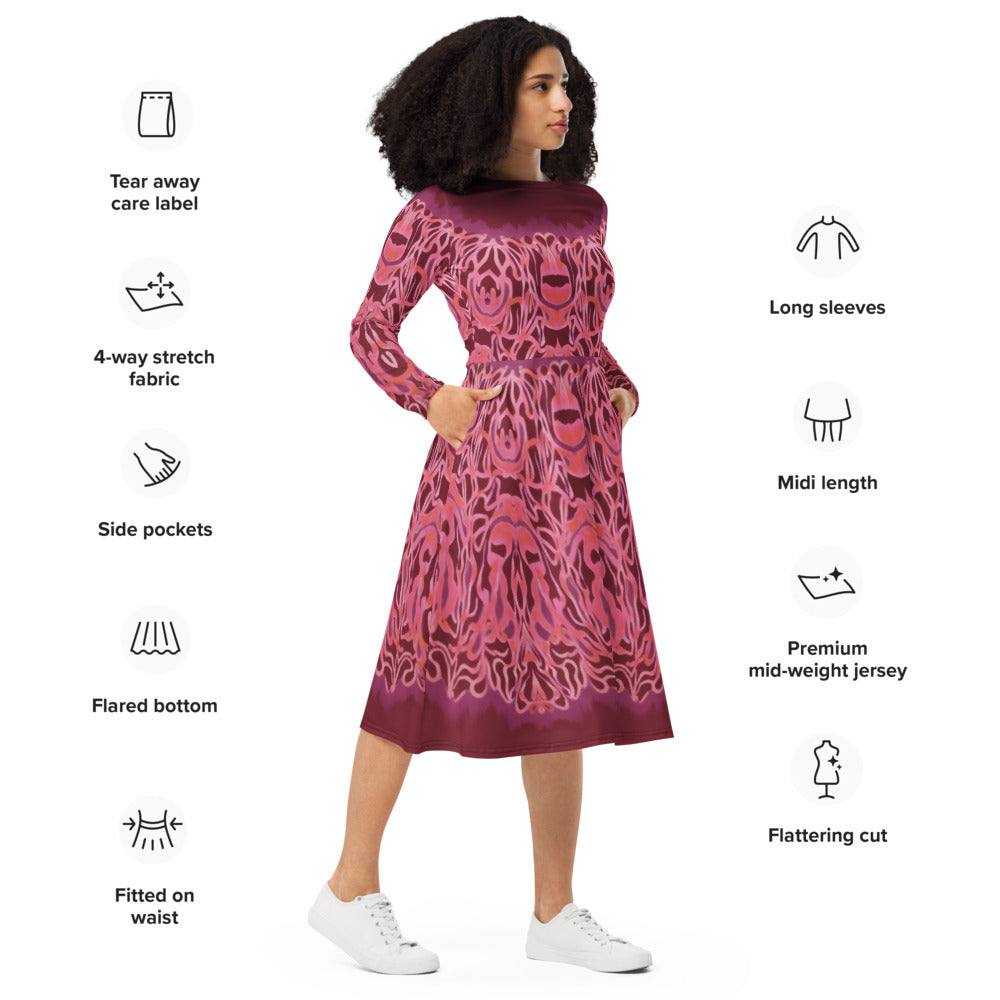 All-over print long sleeve midi dress 339Bkl5