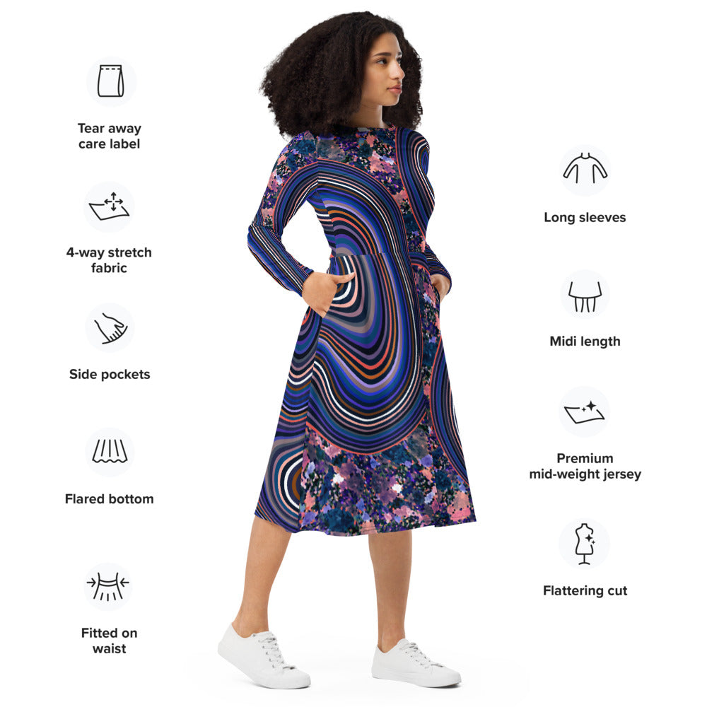 All-over print long sleeve midi dress 340kl3