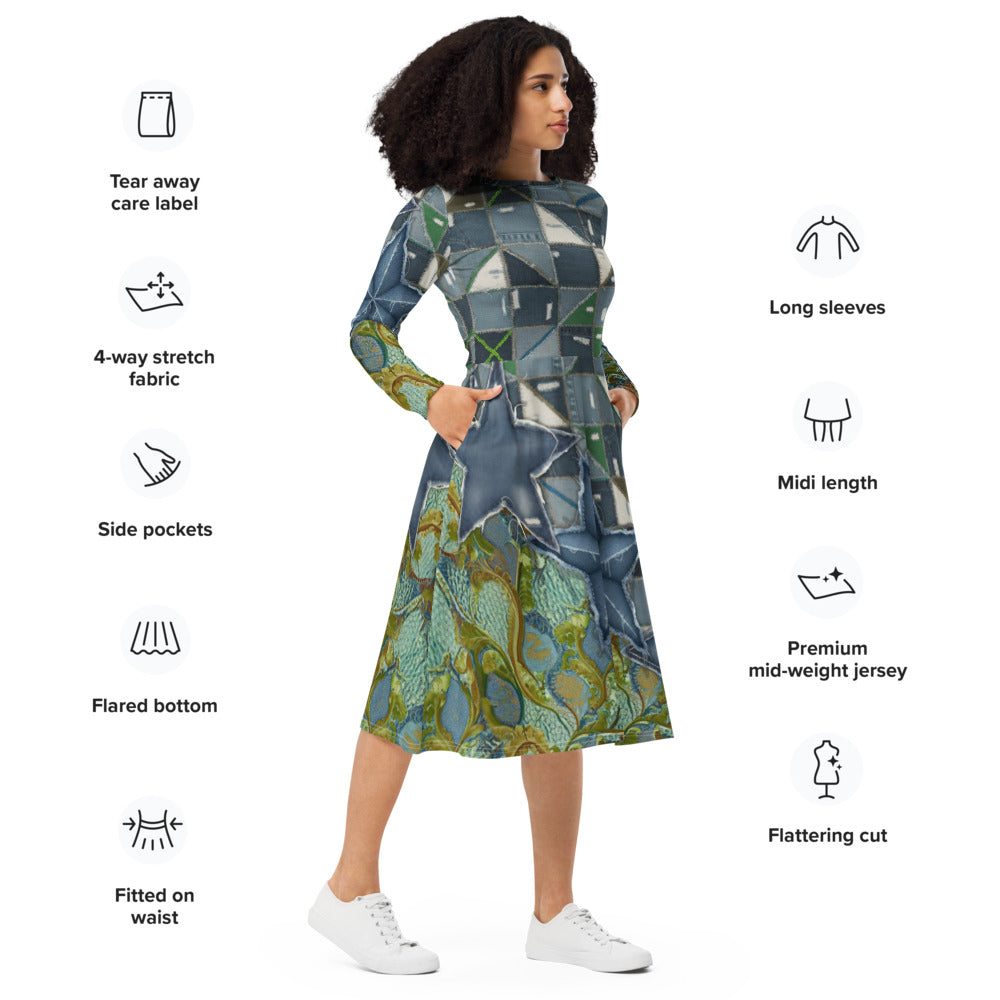 All-over print long sleeve midi dress 341kl1