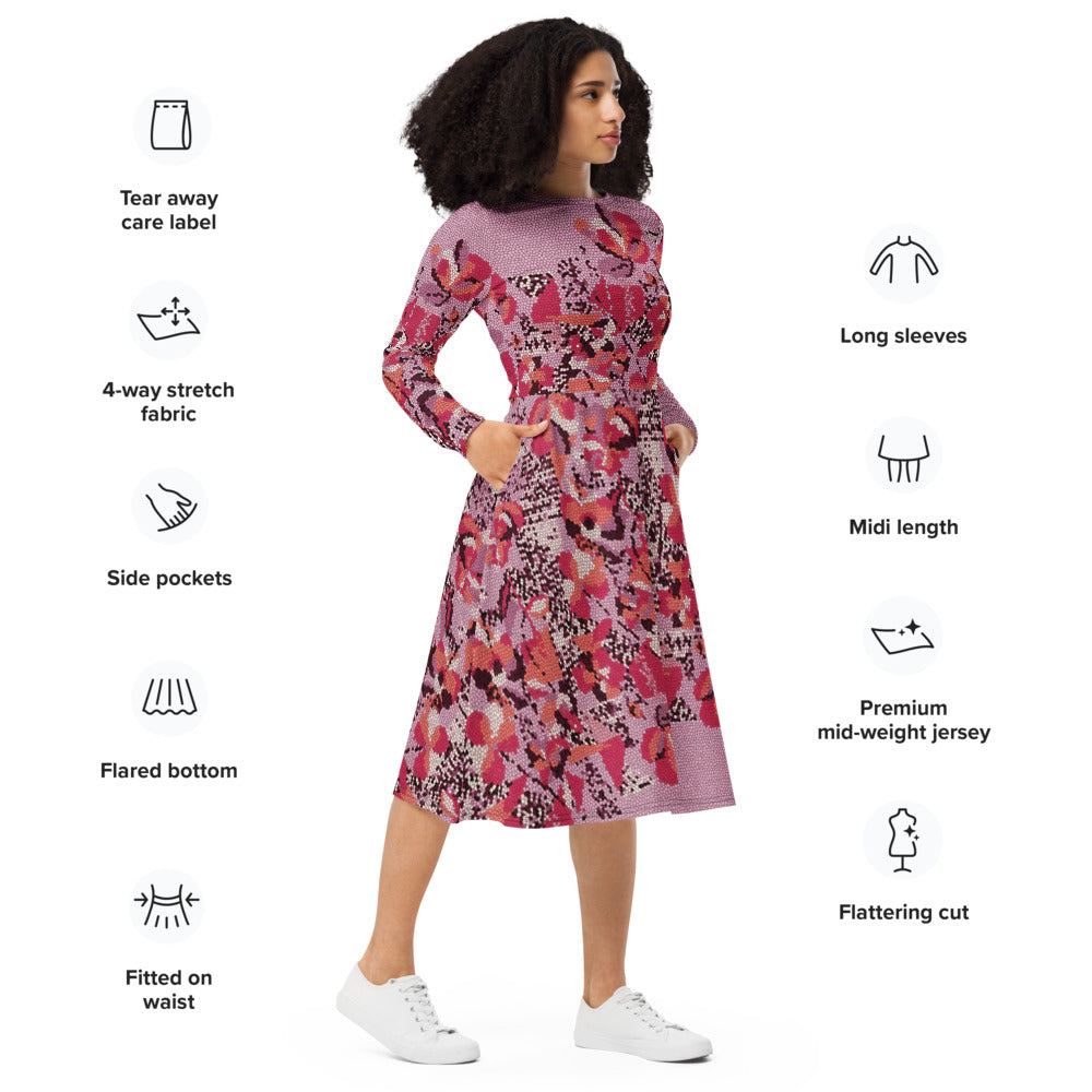 All-over print long sleeve midi dress 342kl2D