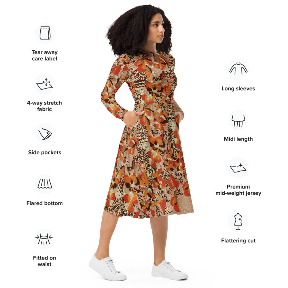 All-over print long sleeve midi dress 342kl3D
