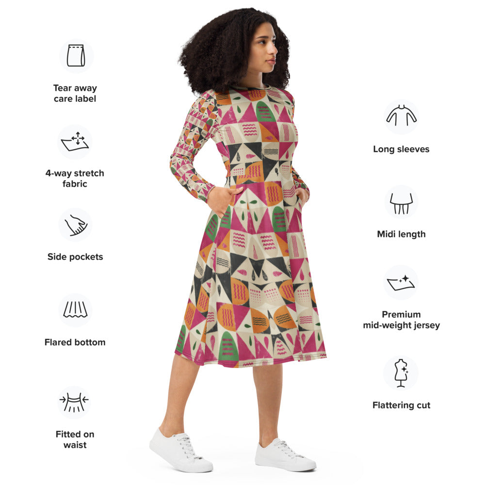 All-over print long sleeve midi dress 343Bkl1