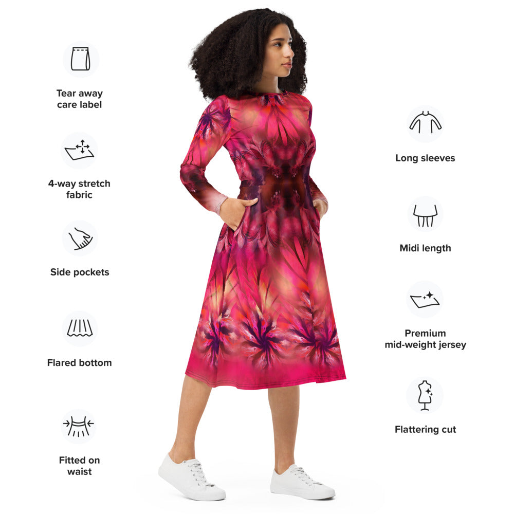 All-over print long sleeve midi dress 344kl1