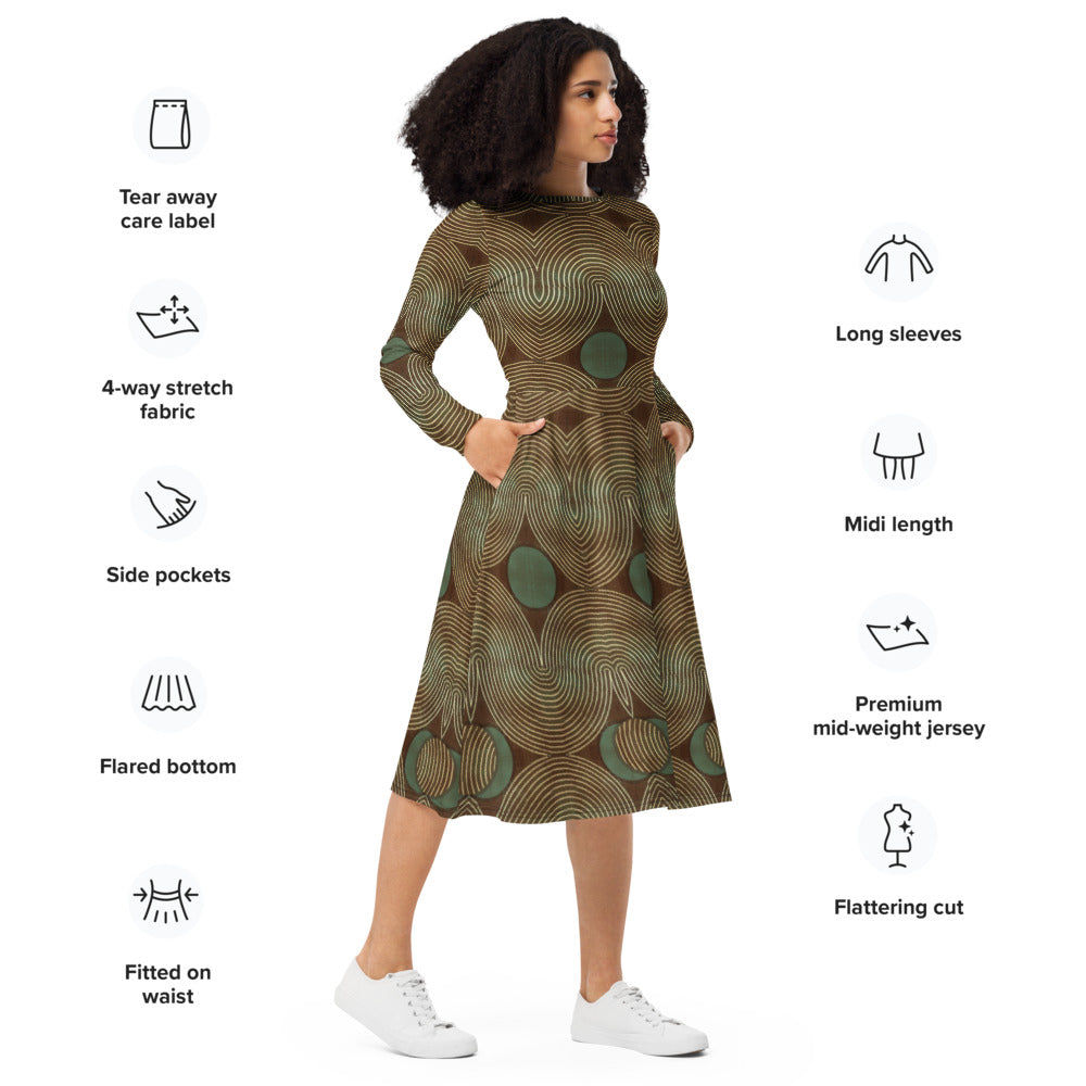 All-over print long sleeve midi dress 345Ckl3