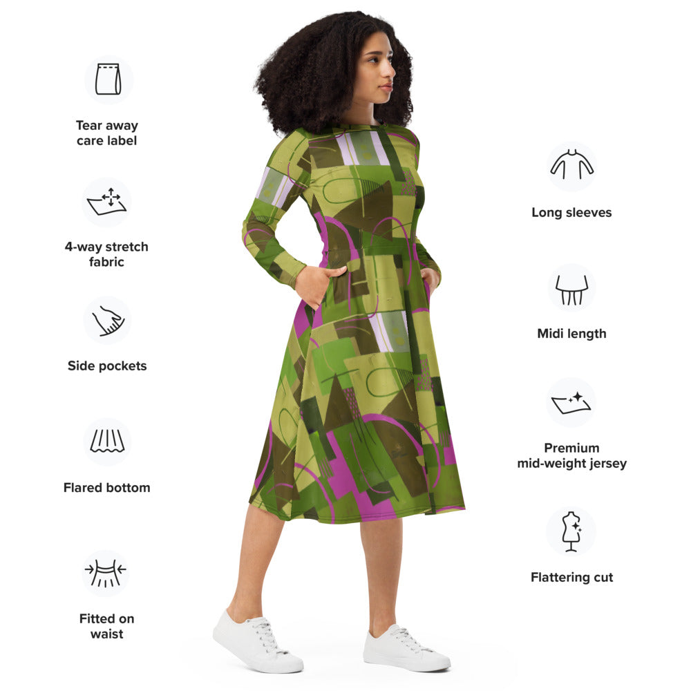 All-over print long sleeve midi dress 346kl2