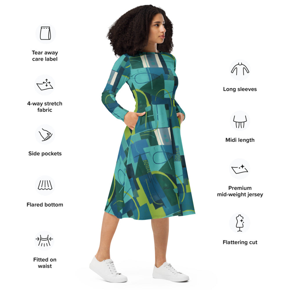 All-over print long sleeve midi dress 346kl1
