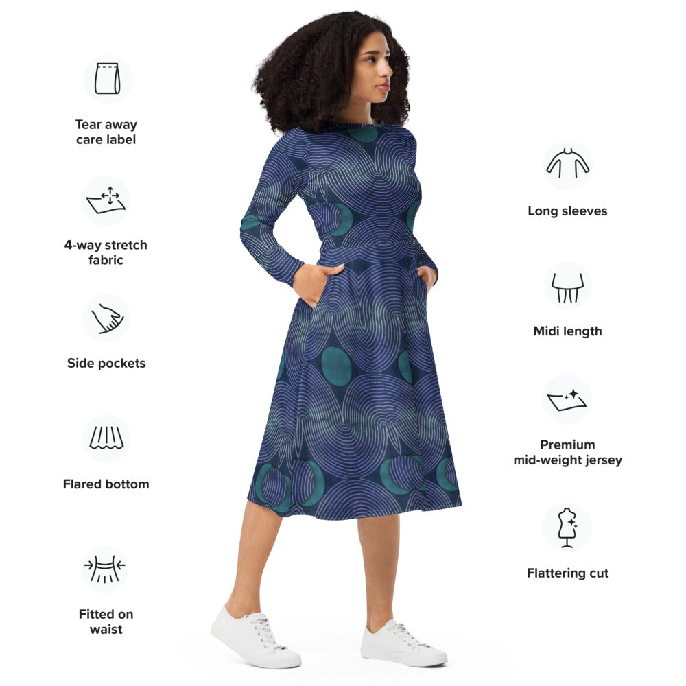 All-over print long sleeve midi dress 345Ckl4
