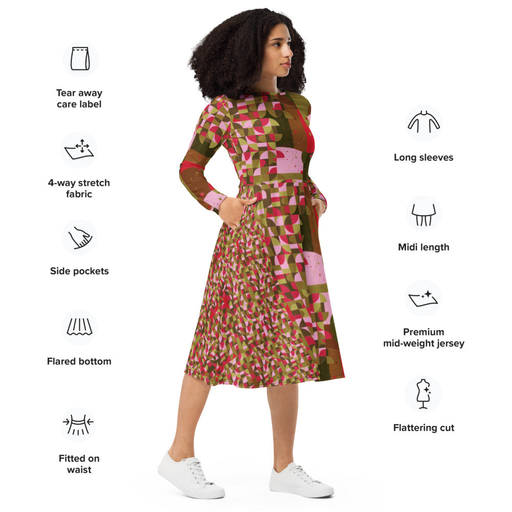All-over print long sleeve midi dress 347Bkl4
