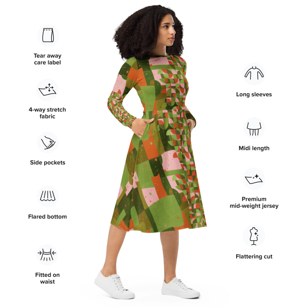 All-over print long sleeve midi dress 347Bkl6