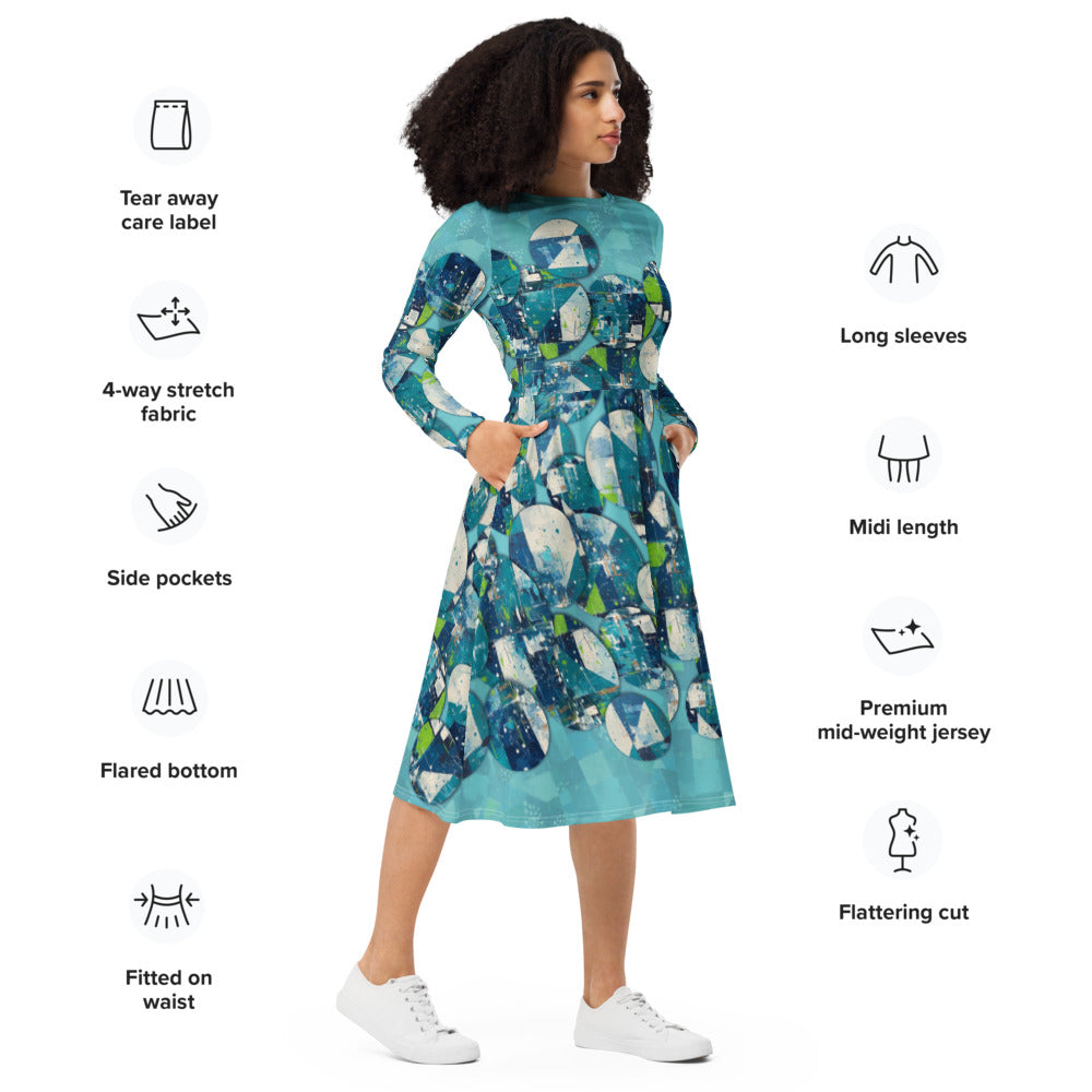All-over print long sleeve midi dress 348kl1