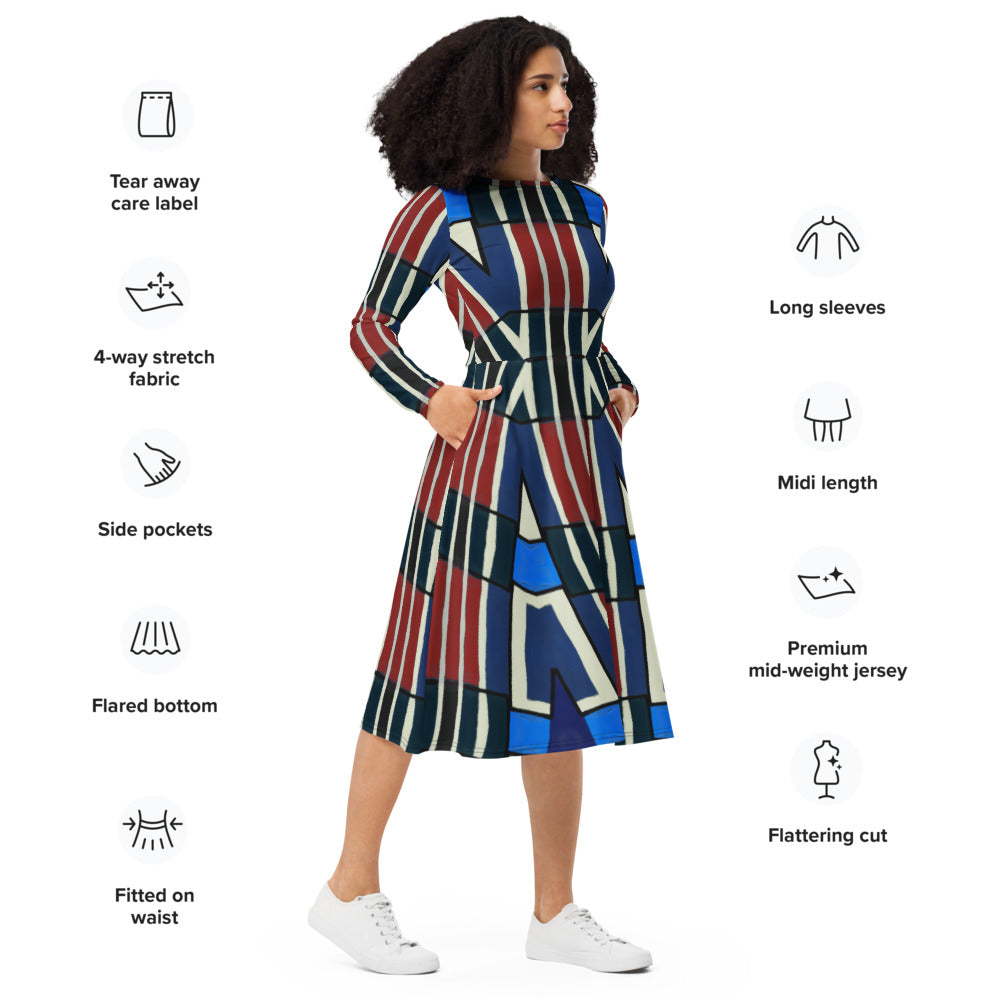 All-over print long sleeve midi dress 349Dkl3