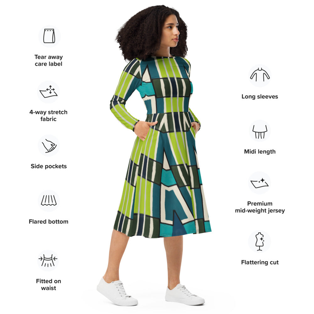 All-over print long sleeve midi dress 349Dkl1