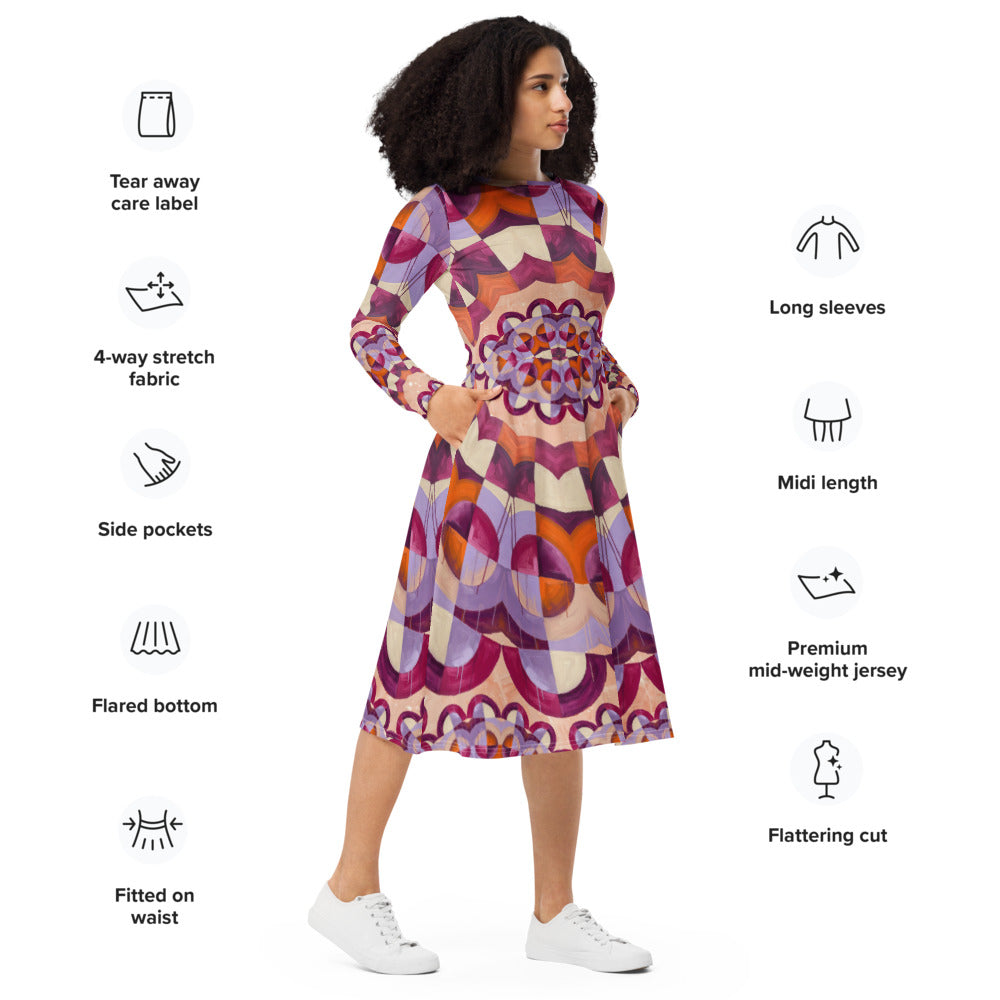 All-over print long sleeve midi dress 350kl1