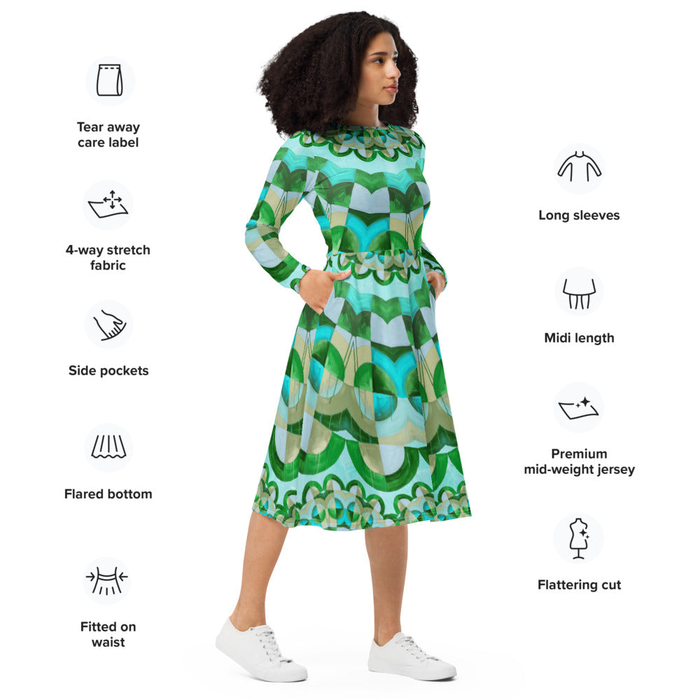 All-over print long sleeve midi dress 350kl2