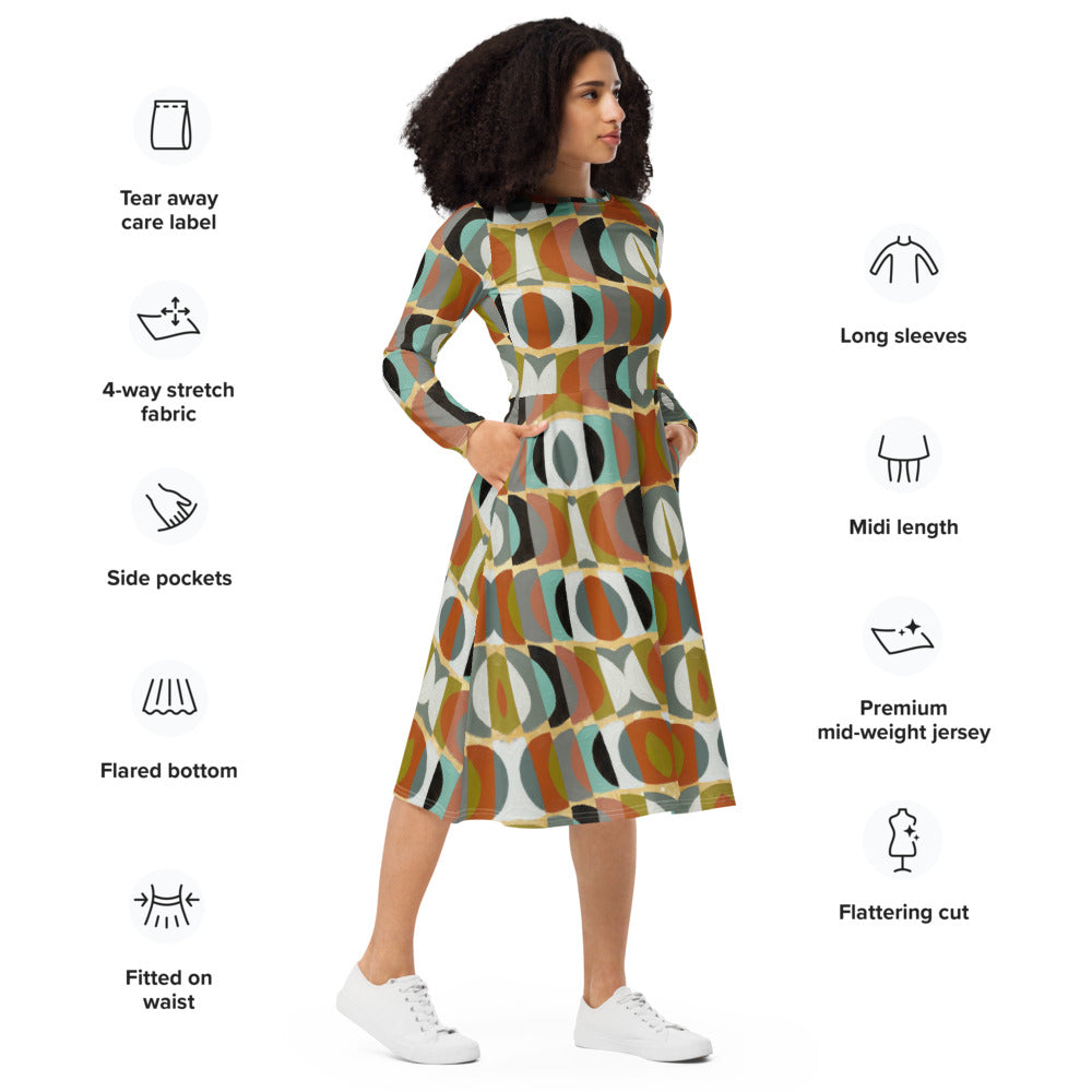All-over print long sleeve midi dress 352kl2