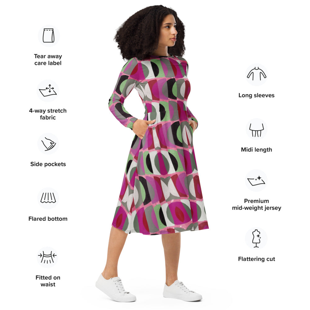 All-over print long sleeve midi dress 352kl1