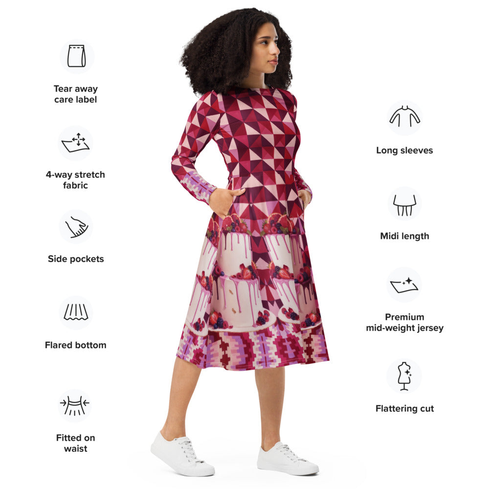 All-over print long sleeve midi dress 287Dkl2