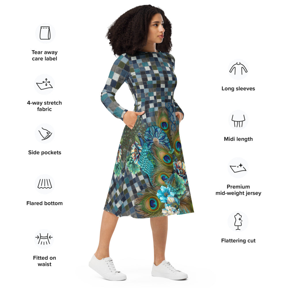 All-over print long sleeve midi dress 284D