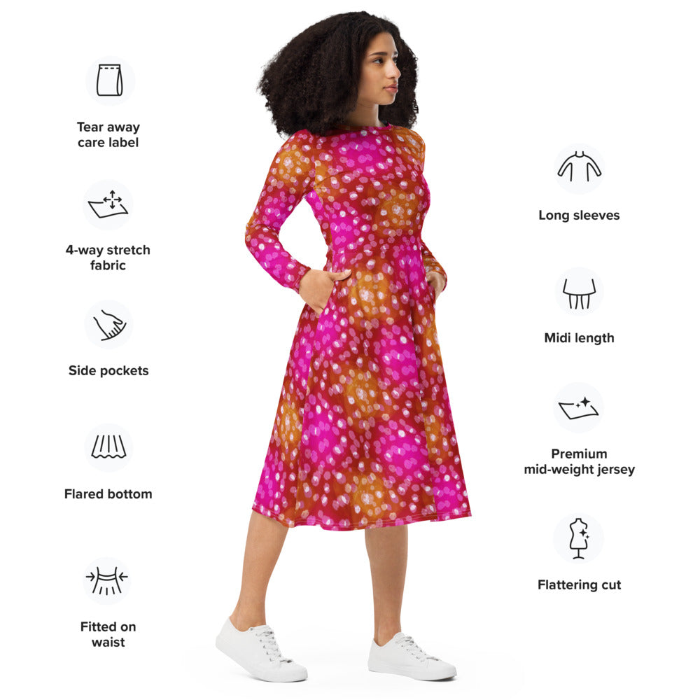All-over print long sleeve midi dress 355Bkl2b