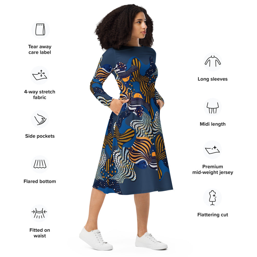 All-over print long sleeve midi dress 357Fkl1