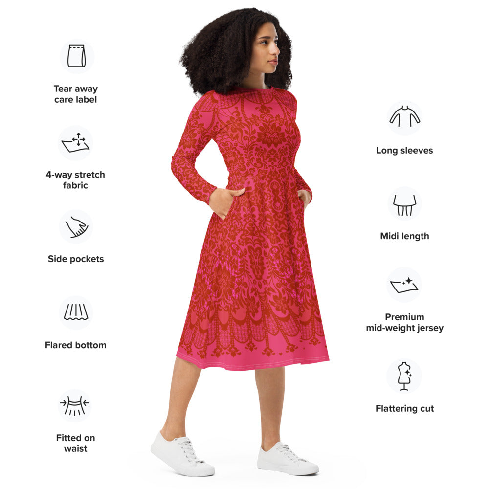 All-over print long sleeve midi dress 358Bkl5