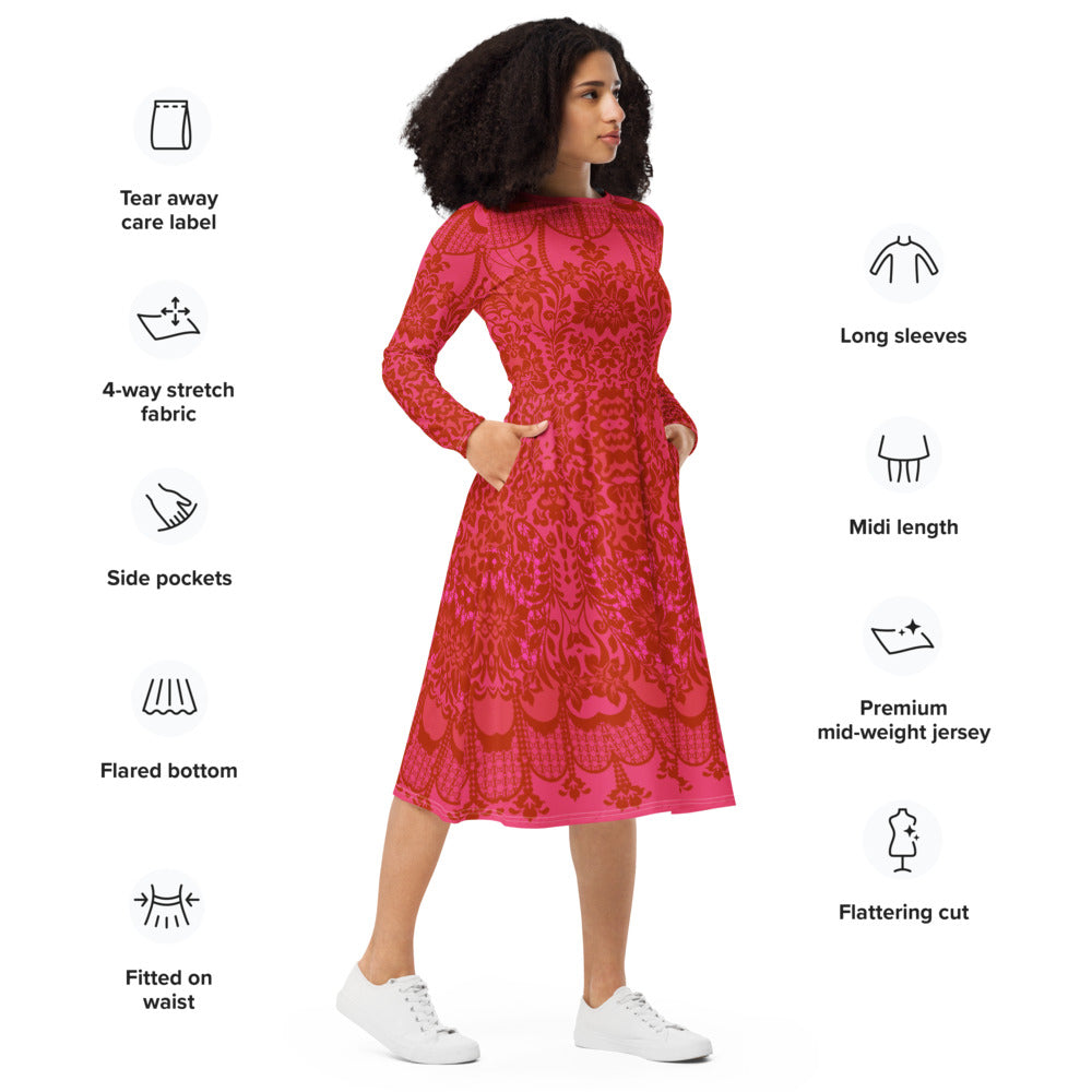 All-over print long sleeve midi dress 358Bkl5