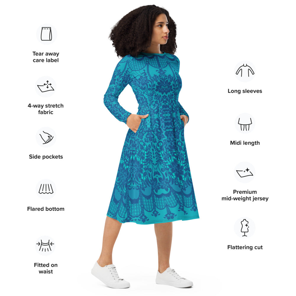All-over print long sleeve midi dress 358Bkl6