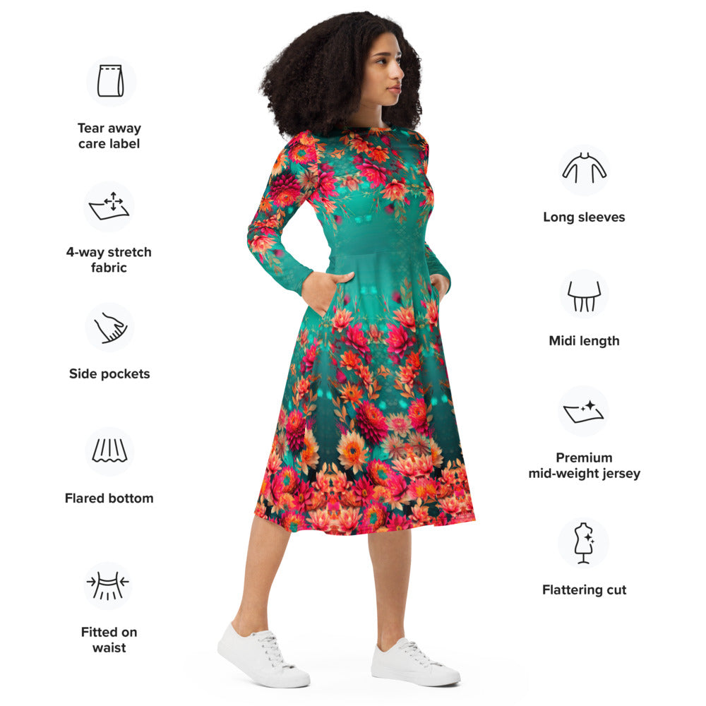 All-over print long sleeve midi dress  360kl1b