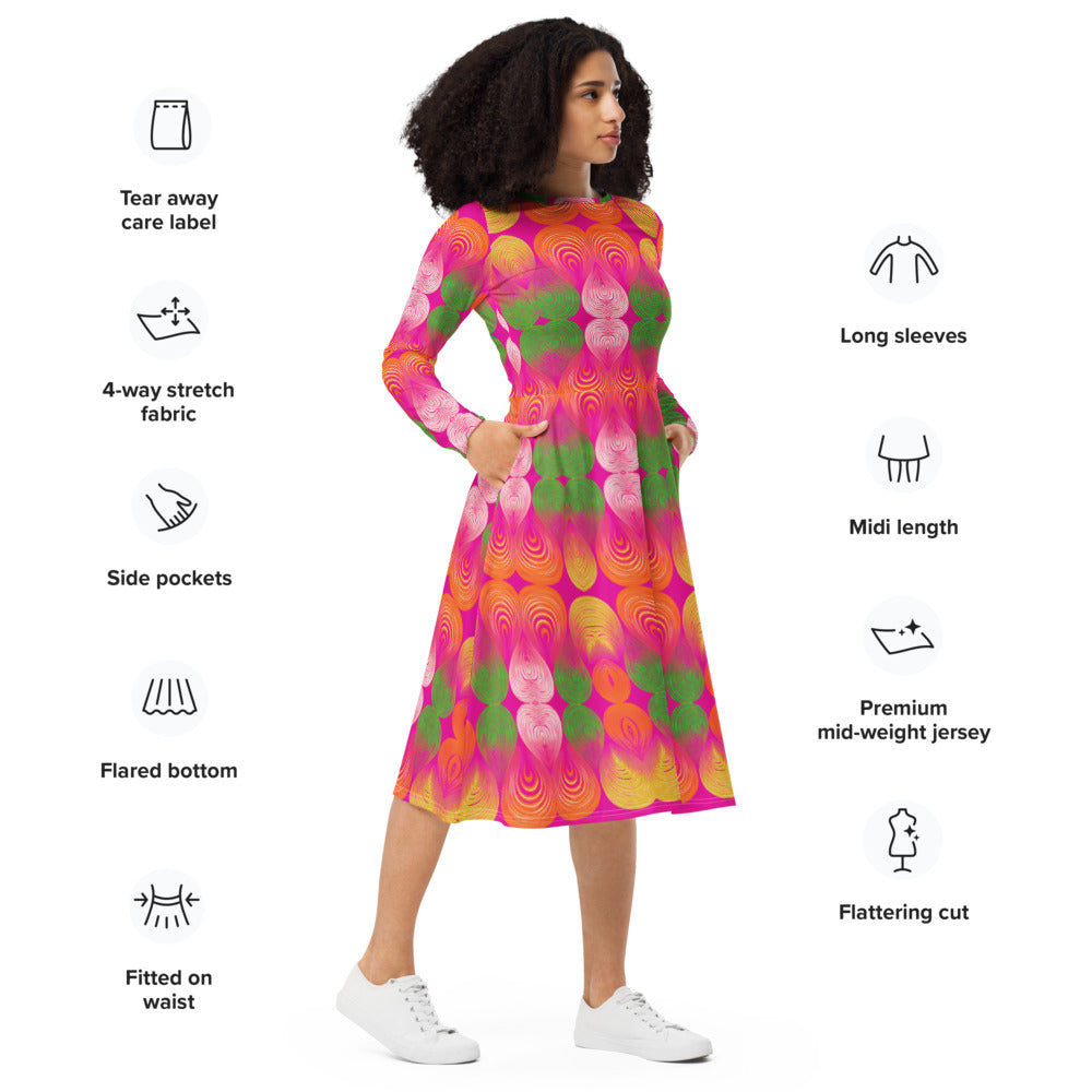All-over print long sleeve midi dress 362kl3b