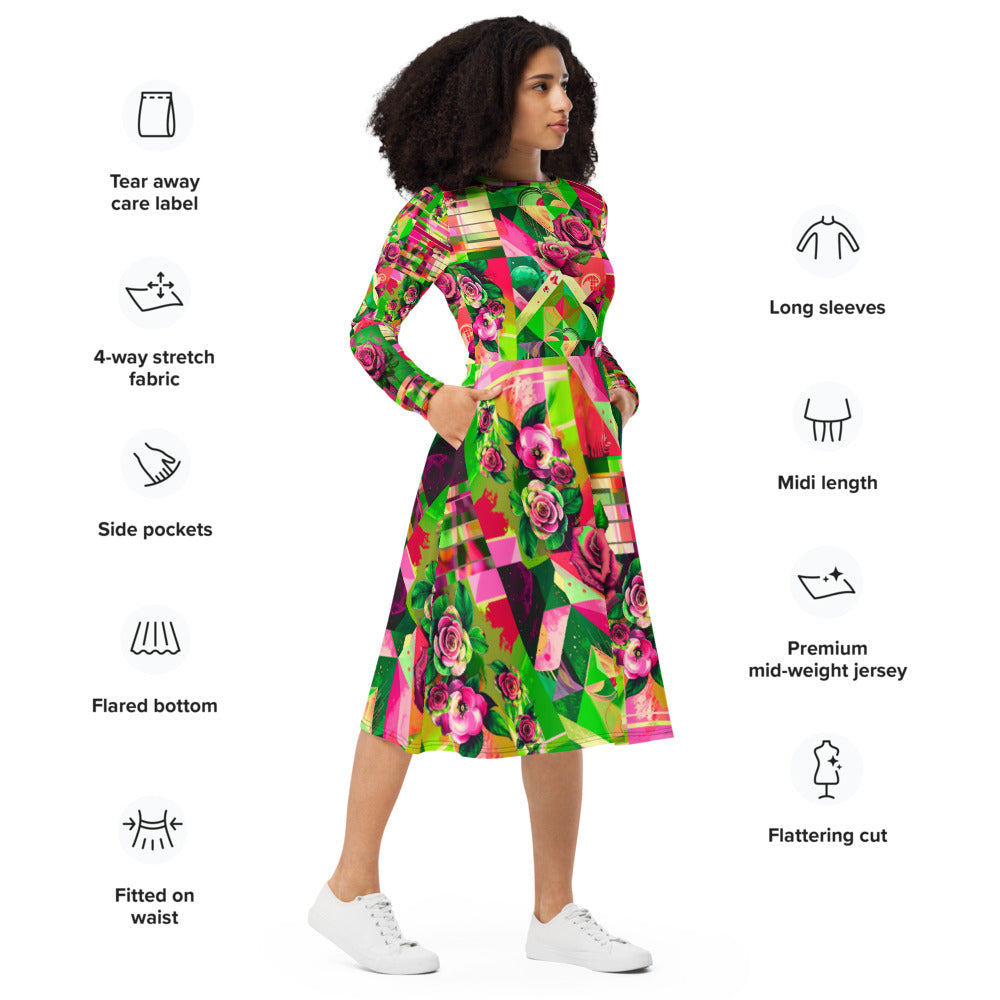 All-over print long sleeve midi dress 363C