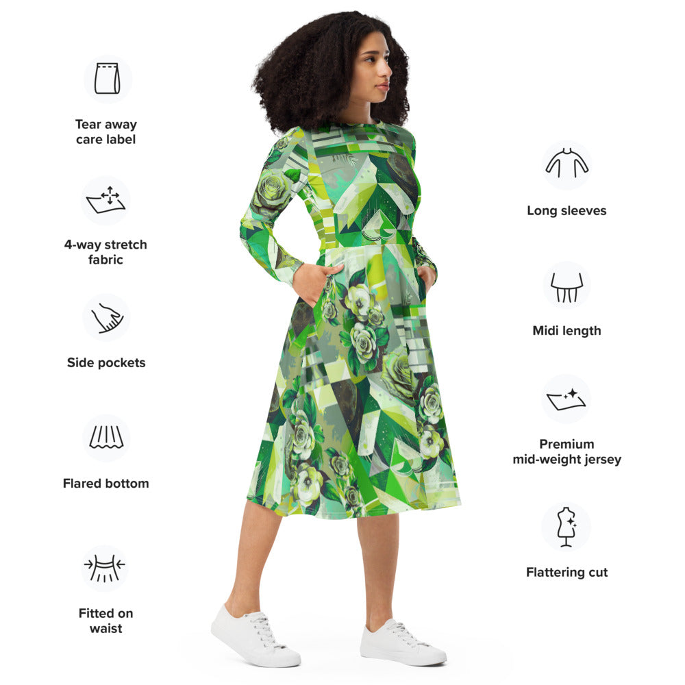 All-over print long sleeve midi dress 363ckl2