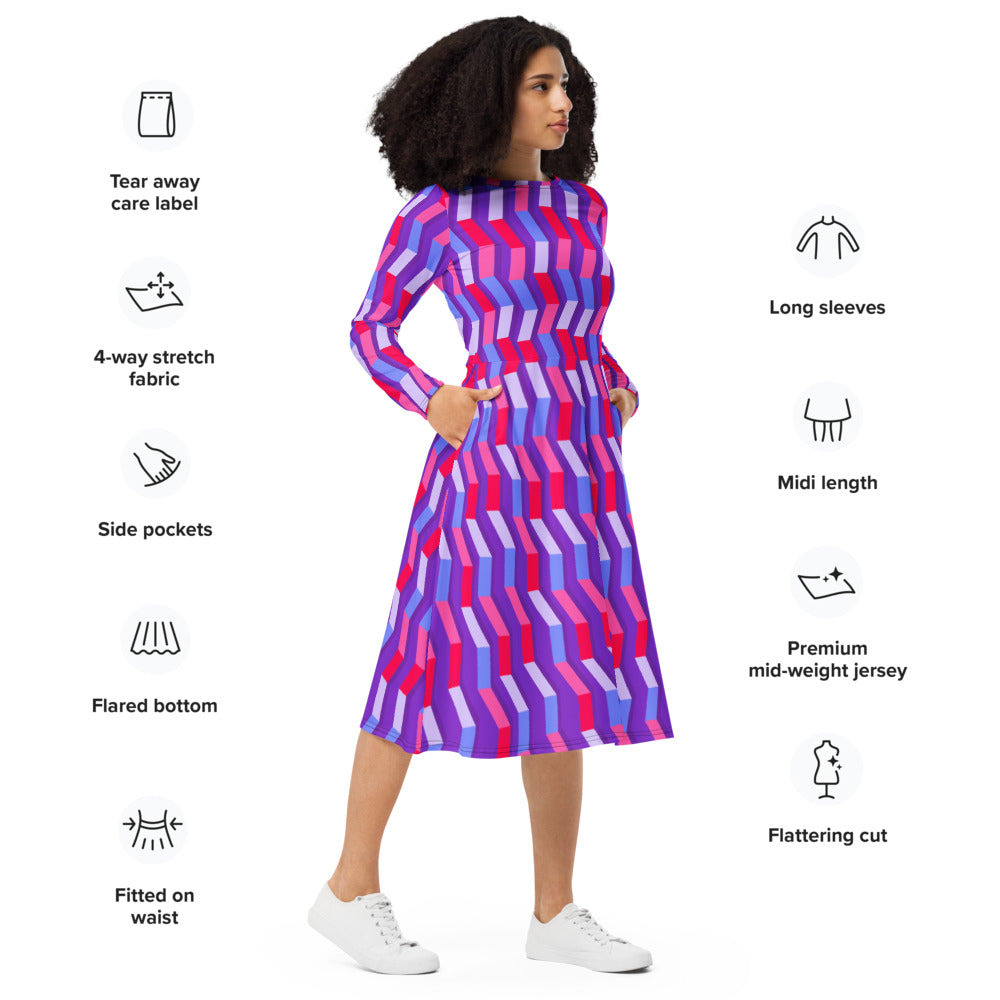 All-over print long sleeve midi dress 364bkl5
