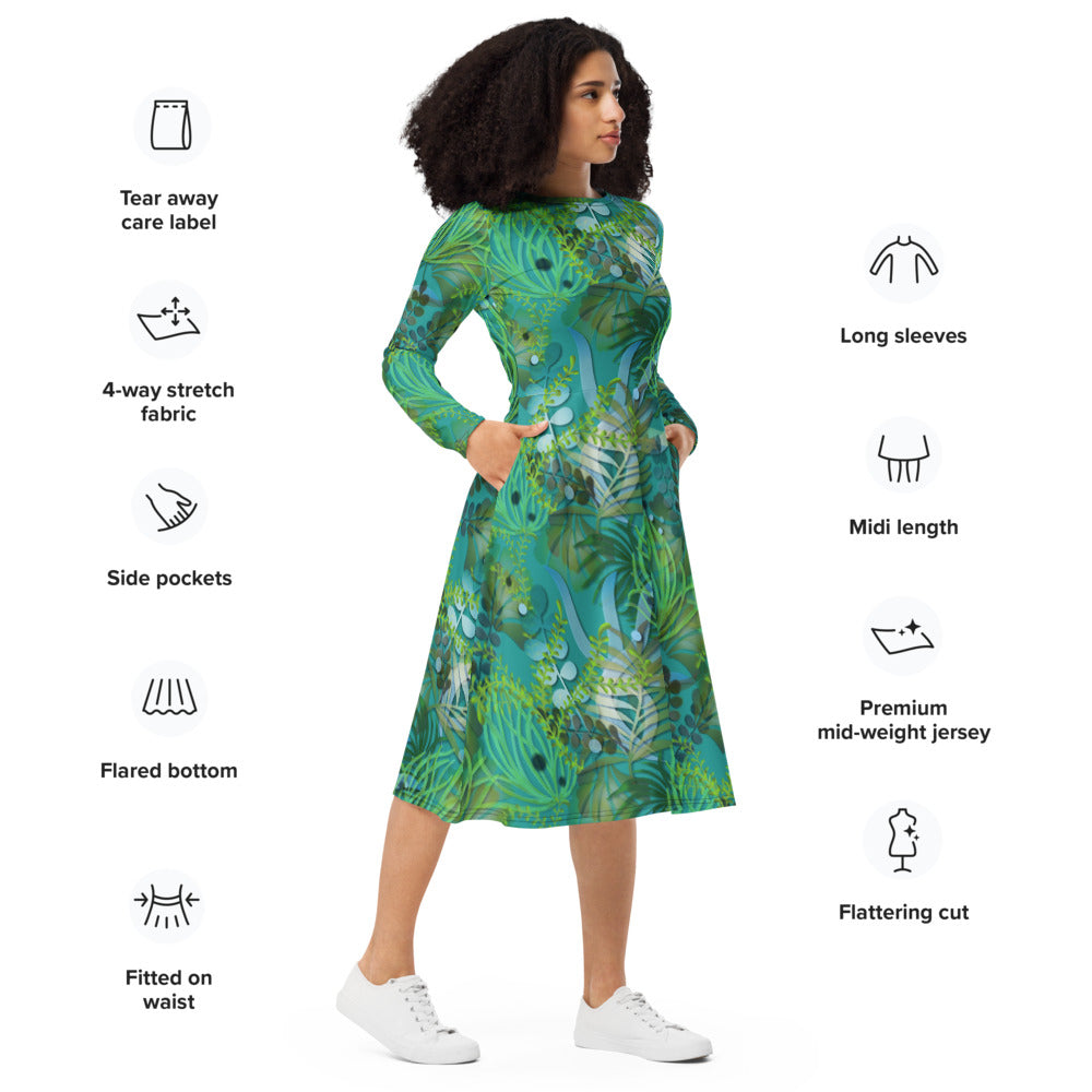 All-over print long sleeve midi dress 366Bkl1