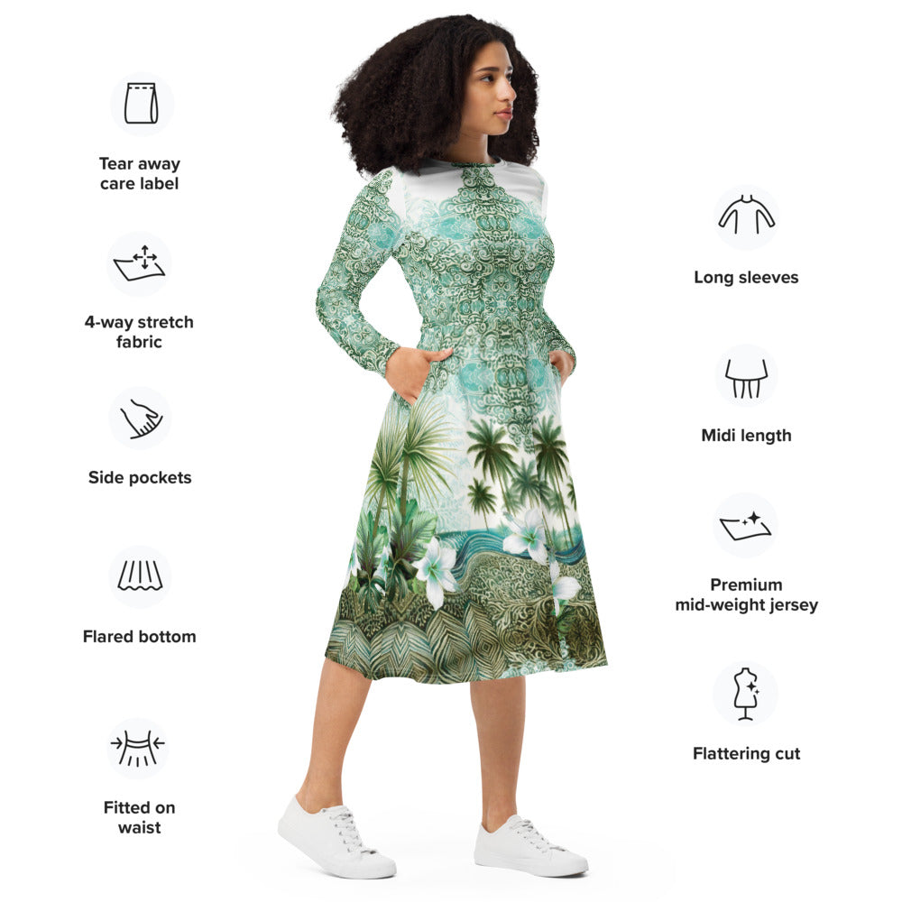 All-over print long sleeve midi dress 365Bkl5