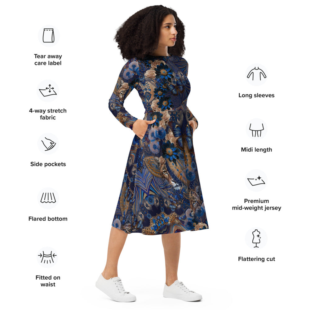 All-over print long sleeve midi dress 156D3C