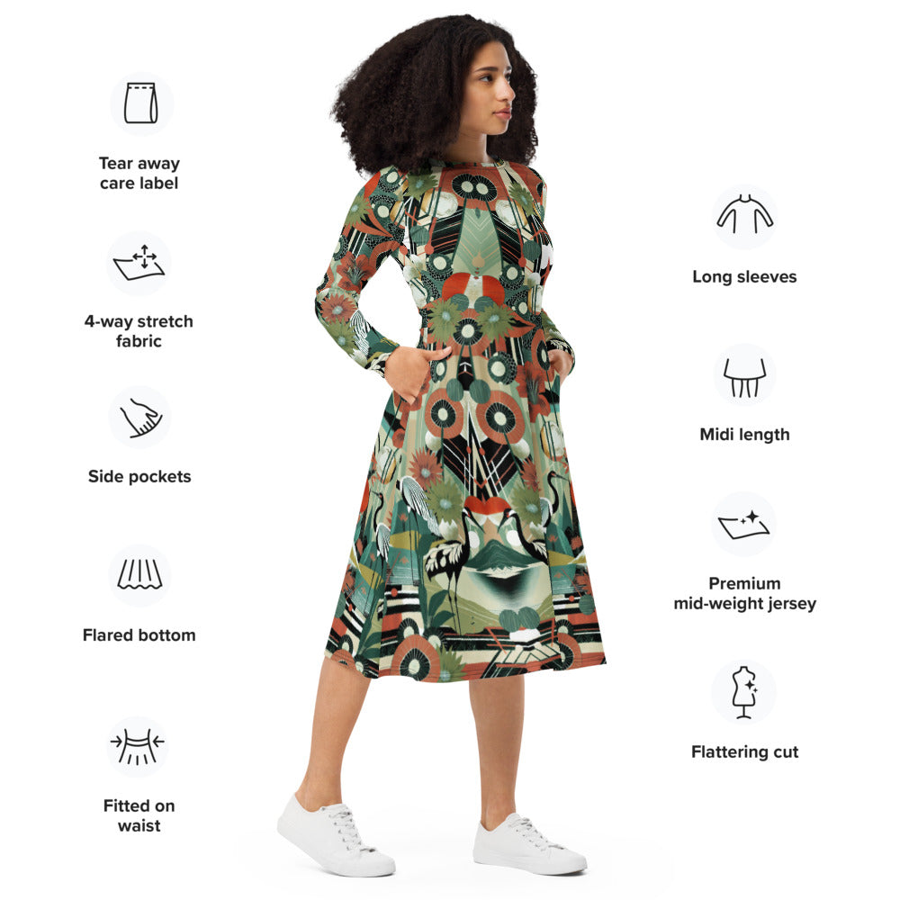 All-over print long sleeve midi dress 45oudCkl4