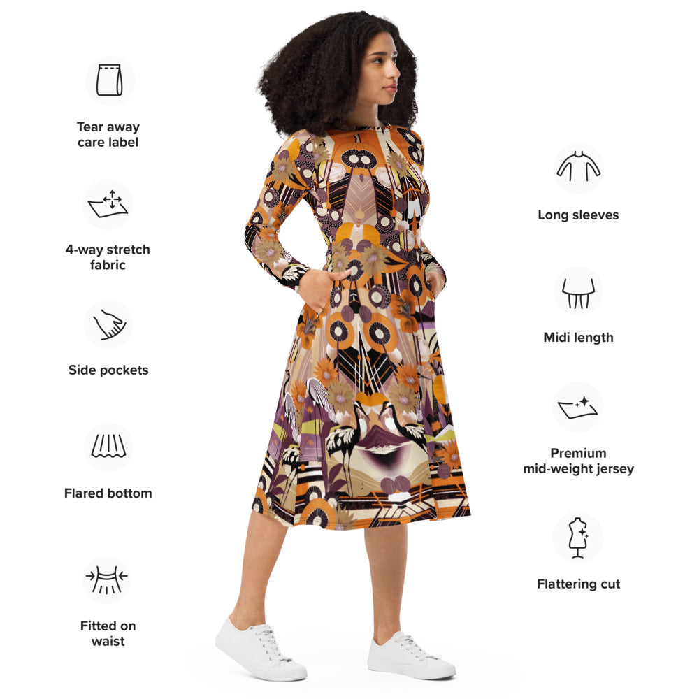 All-over print long sleeve midi dress 45oudCkl2