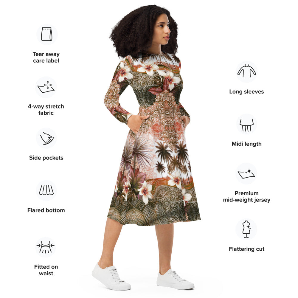 All-over print long sleeve midi dress 365Bkl2