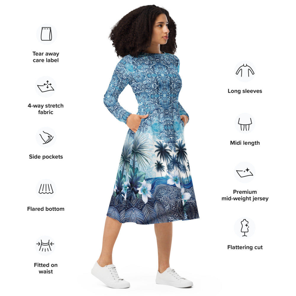 All-over print long sleeve midi dress 365B2kl1