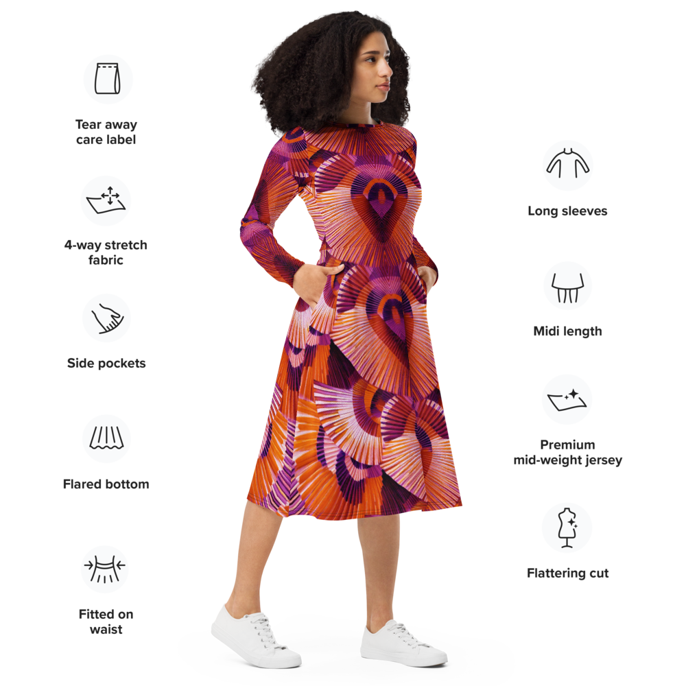 All-over print long sleeve midi dress 367kl2