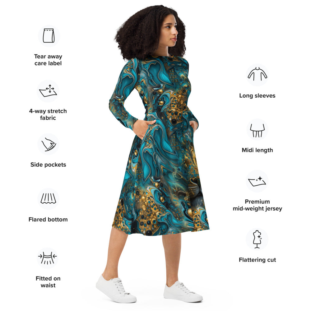 All-over print long sleeve midi dress 368Bkl1