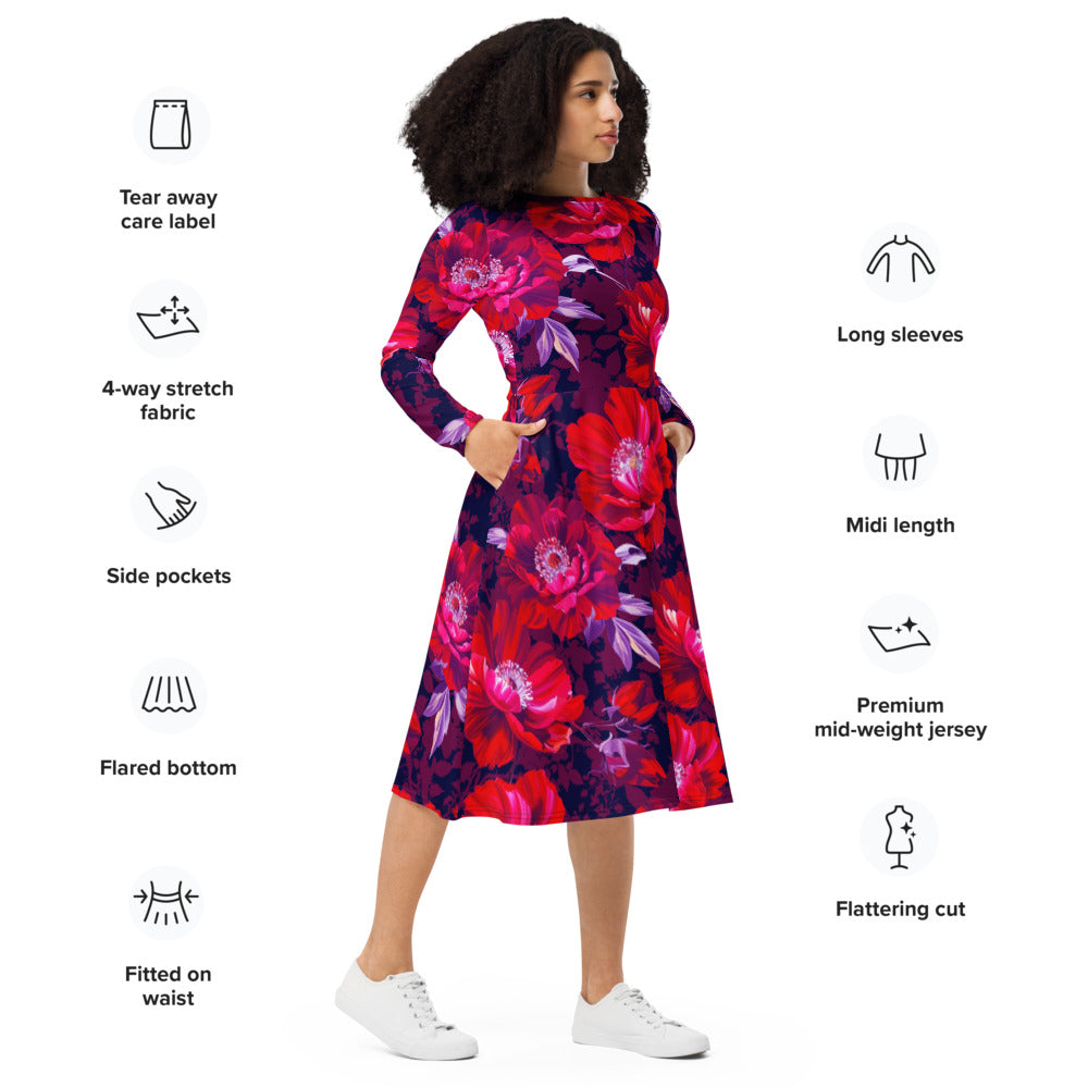 All-over print long sleeve midi dress 371Bkl2