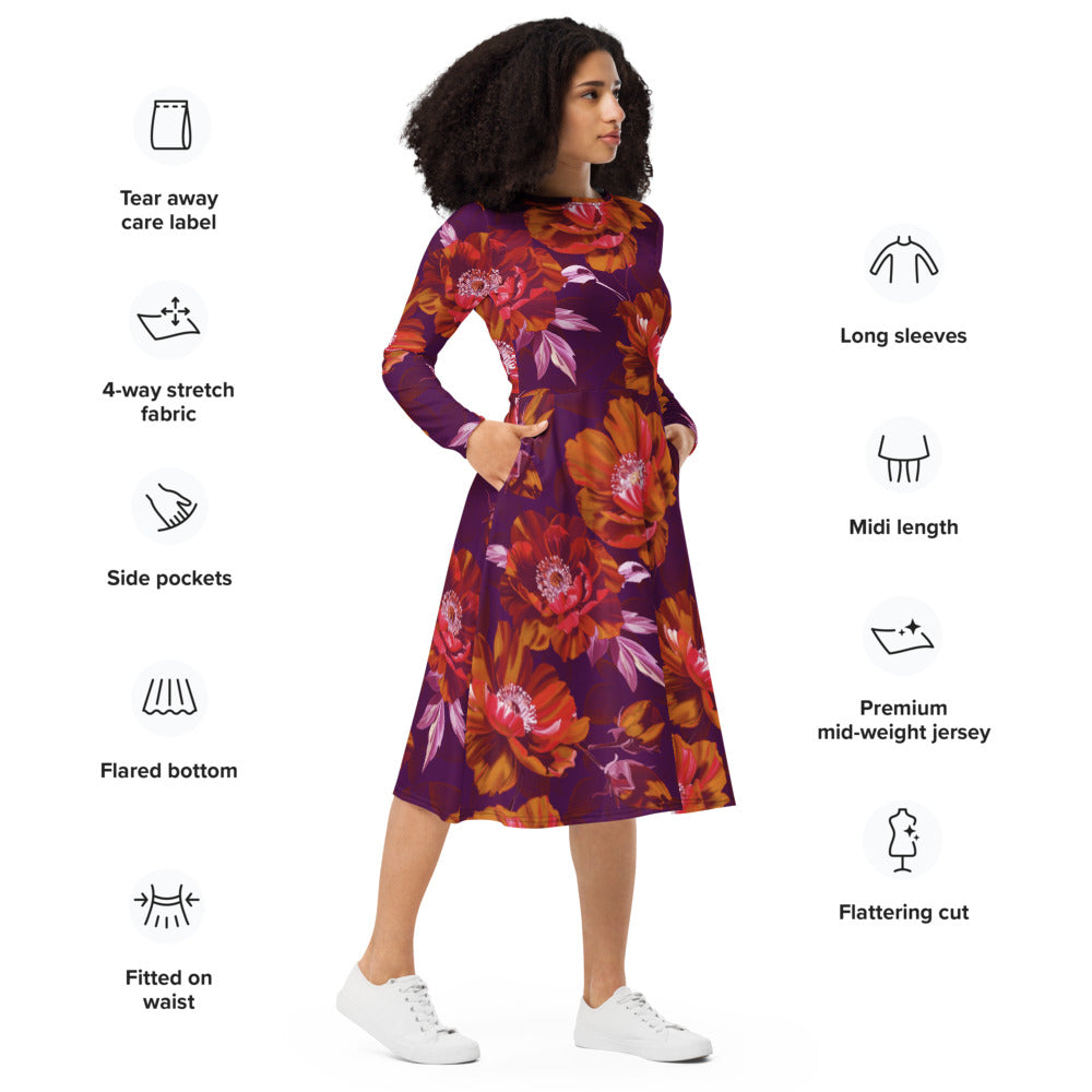 All-over print long sleeve midi dress 371kl3