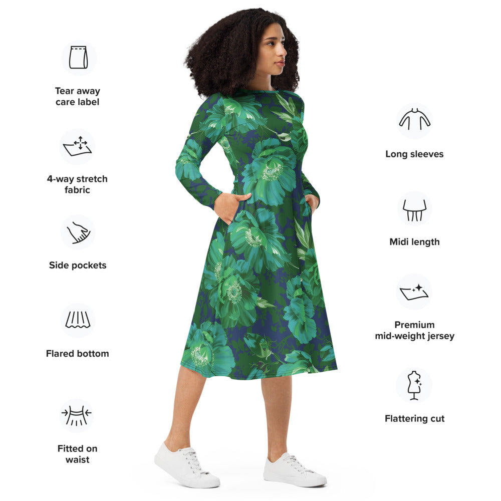 All-over print long sleeve midi dress 371Bkl3