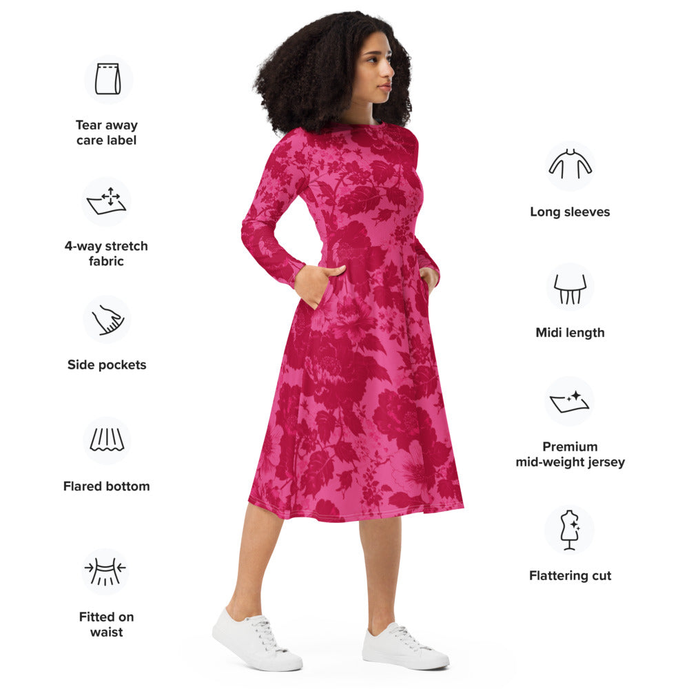 All-over print long sleeve midi dress 373Bkl6